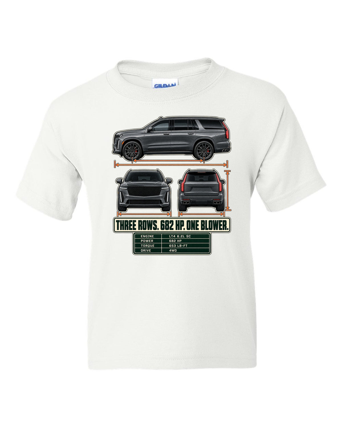 Three-view and spec table print of a 2023-25 Cadillac Escalade-V white kids tee front view with the design