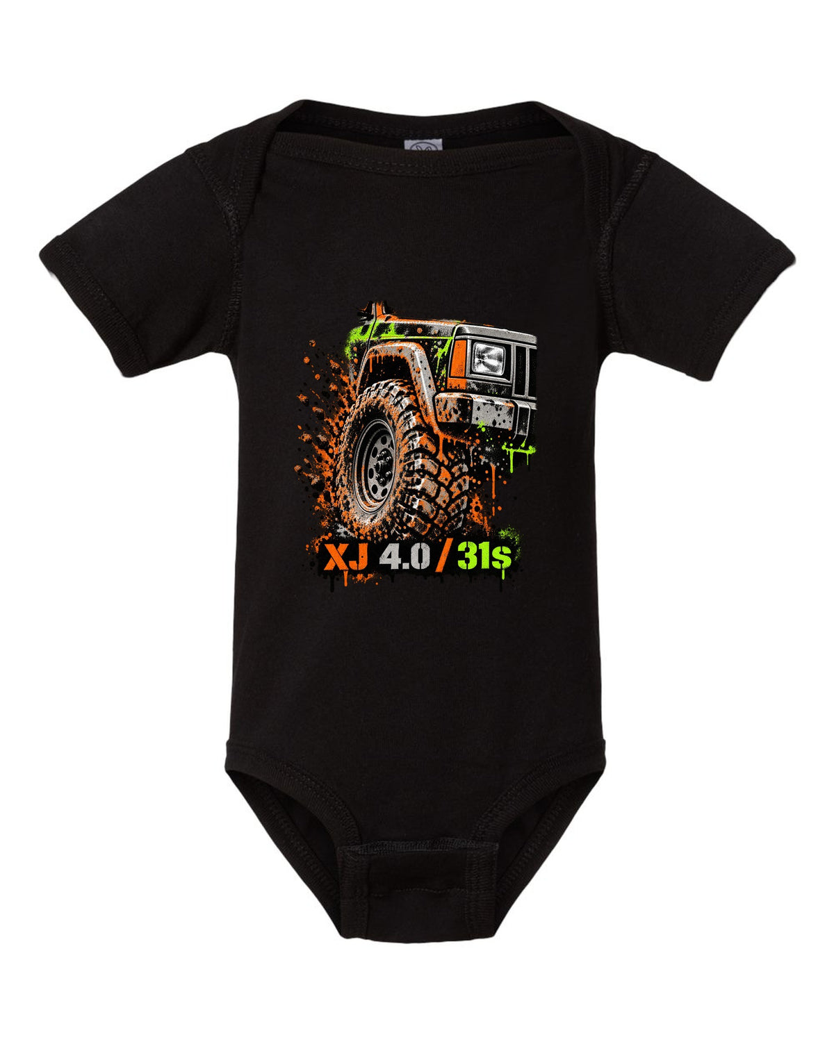 Stencil spray street art print of a muddy Jeep Cherokee XJ wheel with XJ 4.0 31s text black baby onesie front view with the design