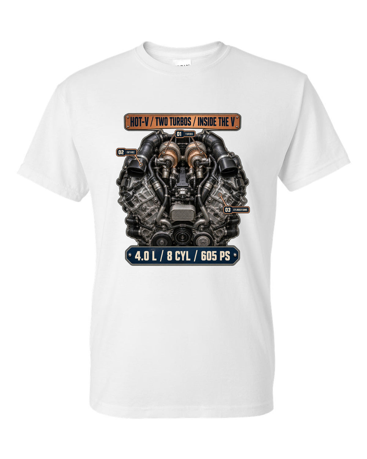 Audi RS7 4.0 TFSI engine bay hero print white t-shirt front view with the design