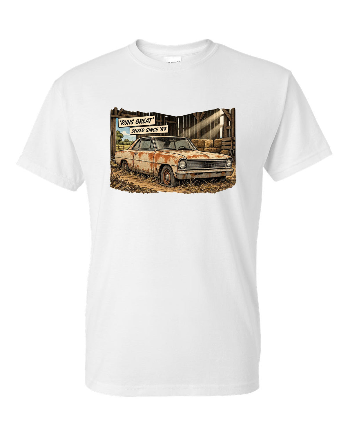 Synthwave print of a 1971 Chevelle SS 454 taillights with the text Runs Great, Seized Since '89 white t-shirt front view with the design