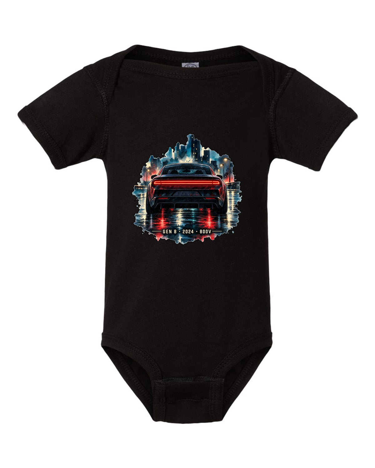 Watercolour night scene of a 2024 Dodge Charger Daytona EV on a wet road with Gen 8 lettering black baby onesie front view with the design