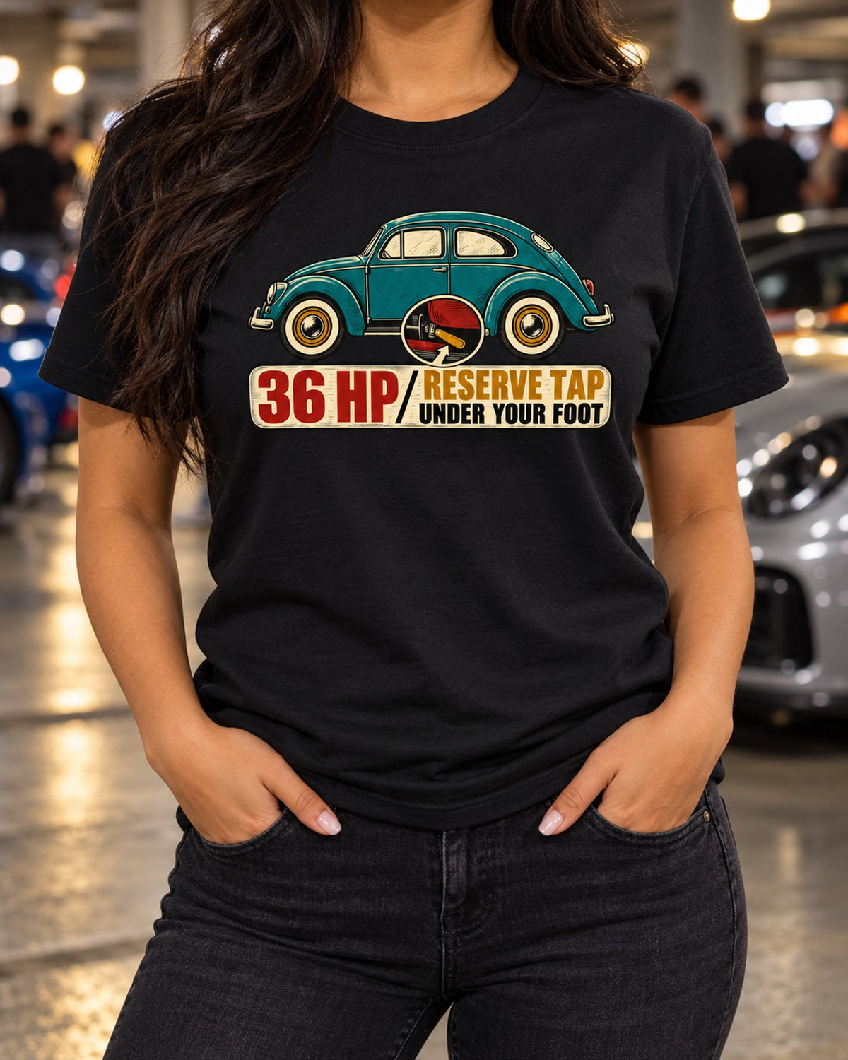 Oval Window VW Beetle 1955 Linocut Tee, Reserve Tap Shirt T-Shirt Black worn hero