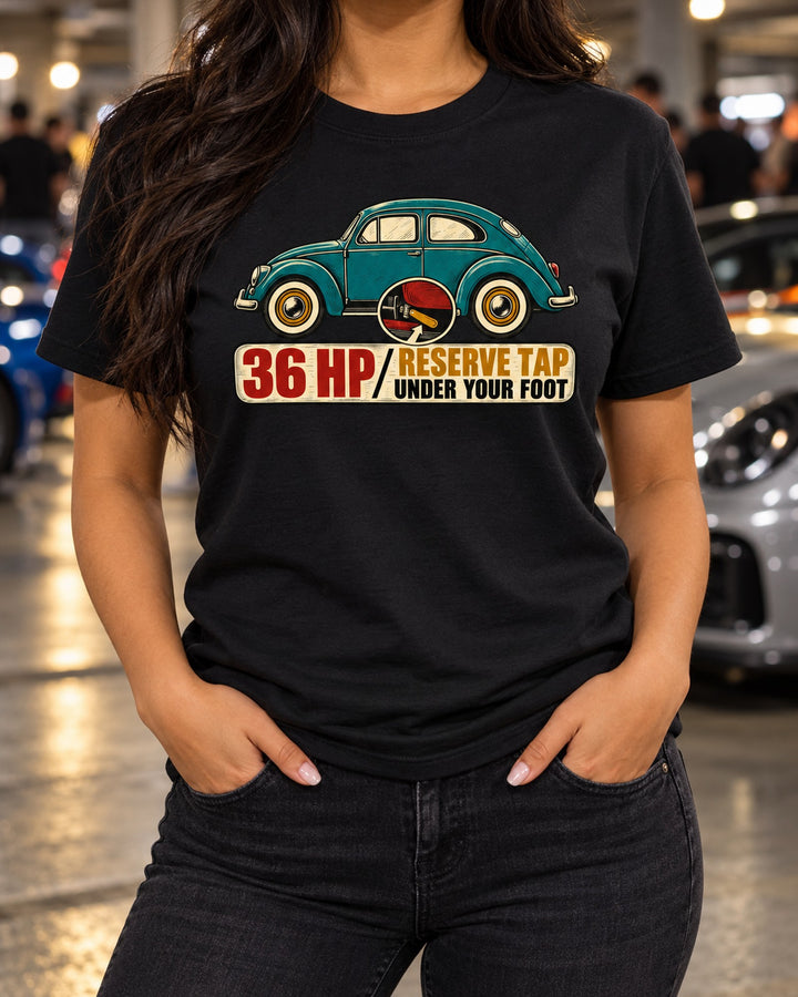 Oval Window VW Beetle 1955 Linocut Tee, Reserve Tap Shirt T-Shirt Black worn hero