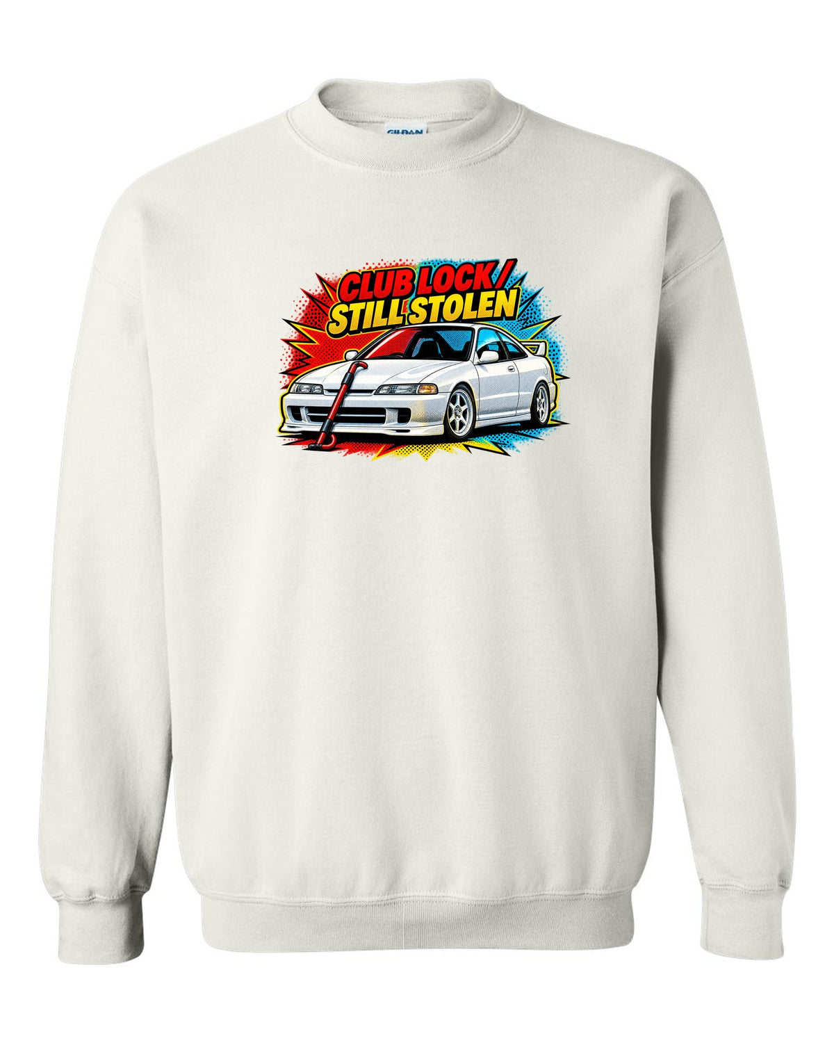 Pop-art halftone split of a 1995 Honda Integra DC2 coupe with Club Lock Still Stolen lettering white crewneck front view with the design
