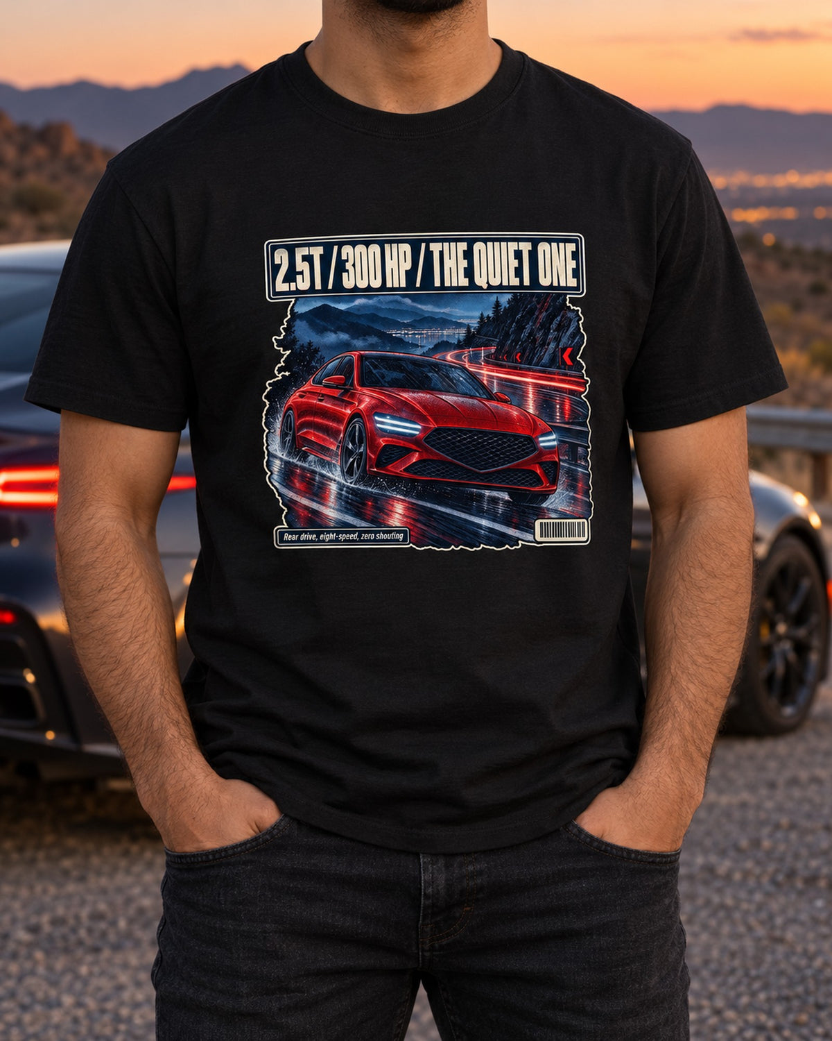 Genesis G70 2.0T Night Touge Graphic Tee, Quiet One T-Shirt Black worn hero