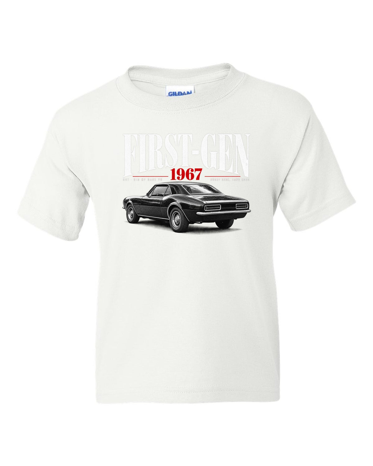Editorial-style print of a 1967 Chevrolet Camaro RS with first-gen and 327 V8 caption white kids tee front view with the design