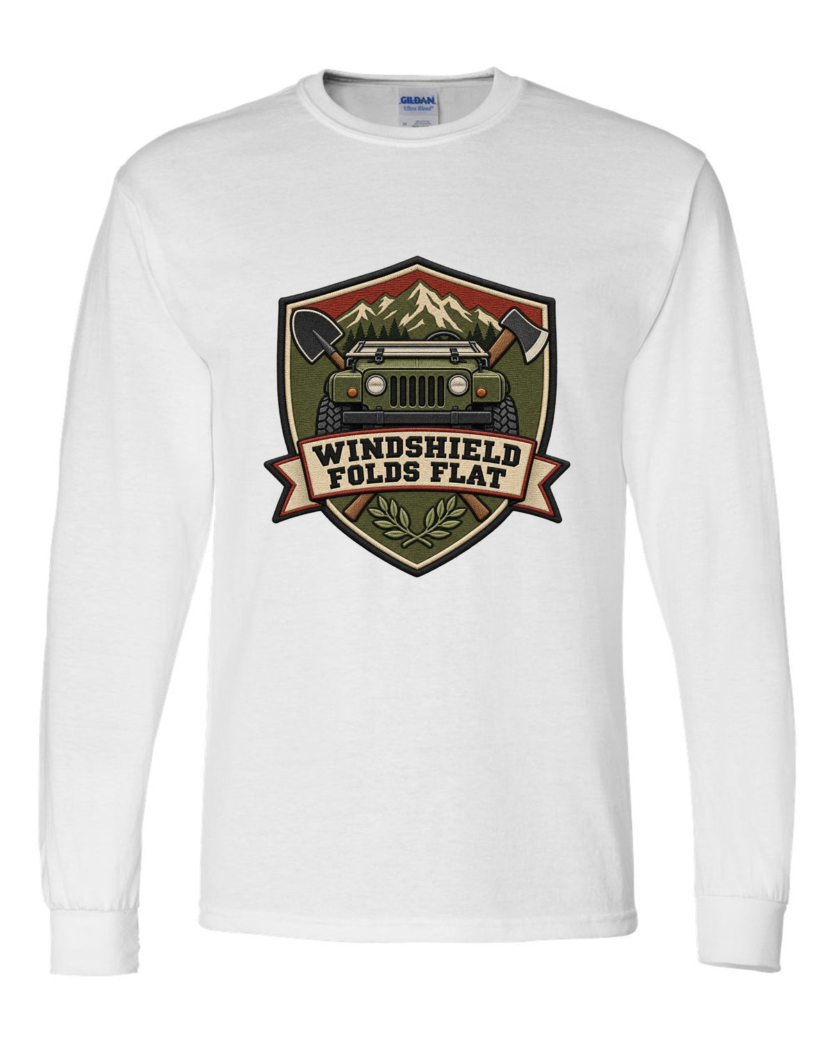 Jeep Wrangler JL embroidery shield crest design with windshield folds flat text white long sleeve front view with the design