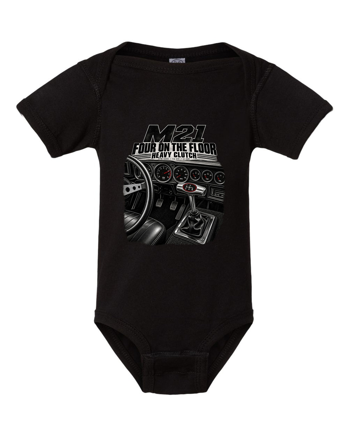 1970 Nova SS interior with Muncie four-speed shifter cockpit print black baby onesie front view with the design