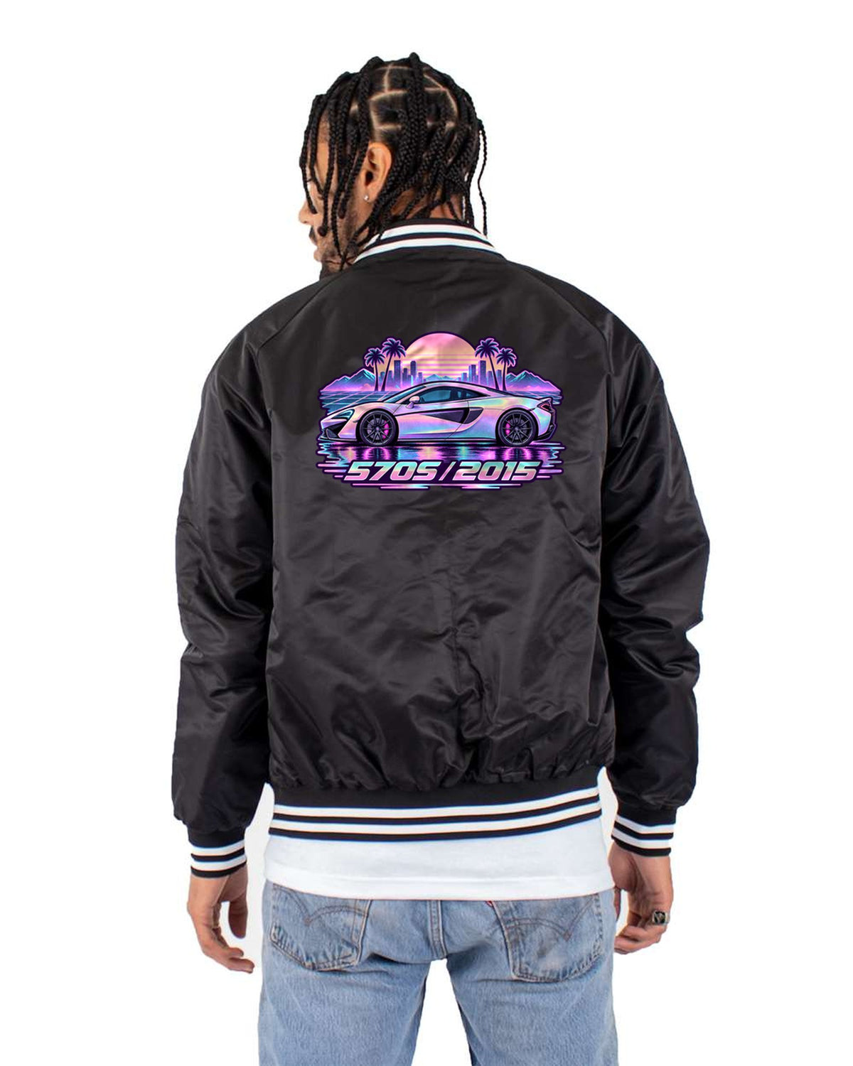 McLaren 570S 2015 Vaporwave Rain Shirt, Car Guy Gift Bomber Jacket Black back