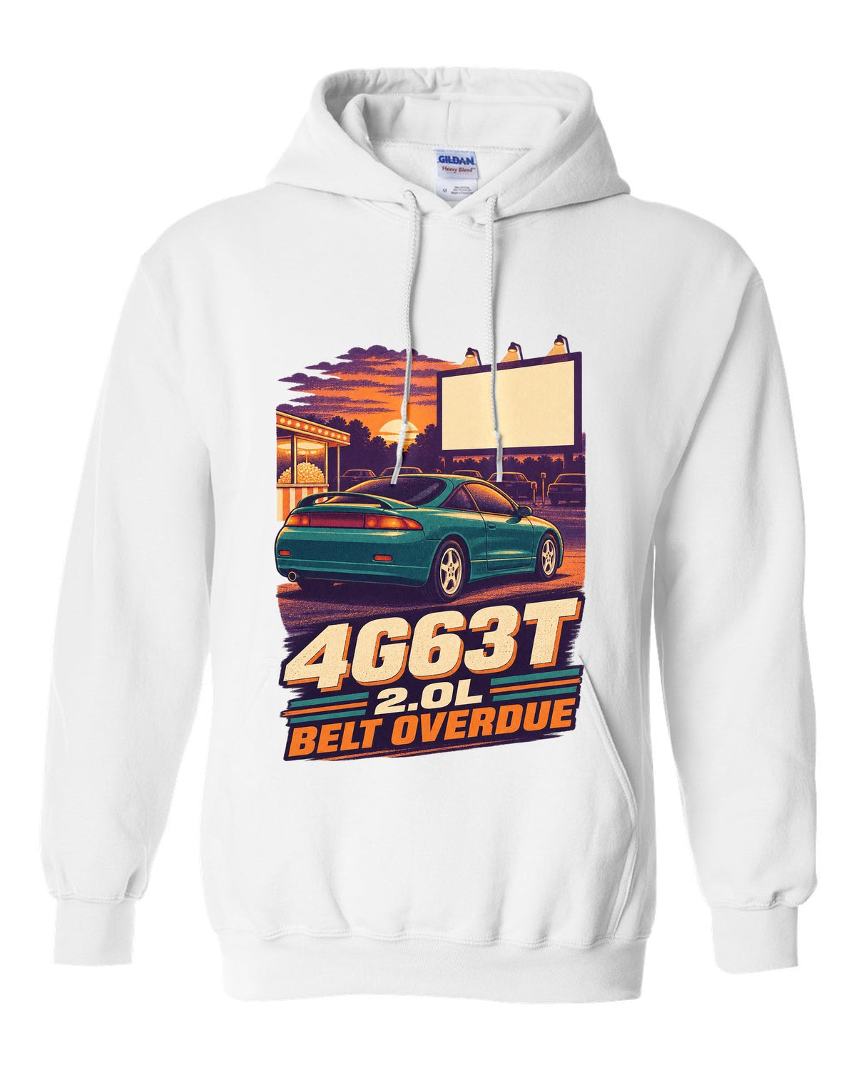 Vintage race-poster lithograph print of a Mitsubishi Eclipse 2G with 4G63T 2.0L belt overdue lettering white pull over hoodie front view with the design