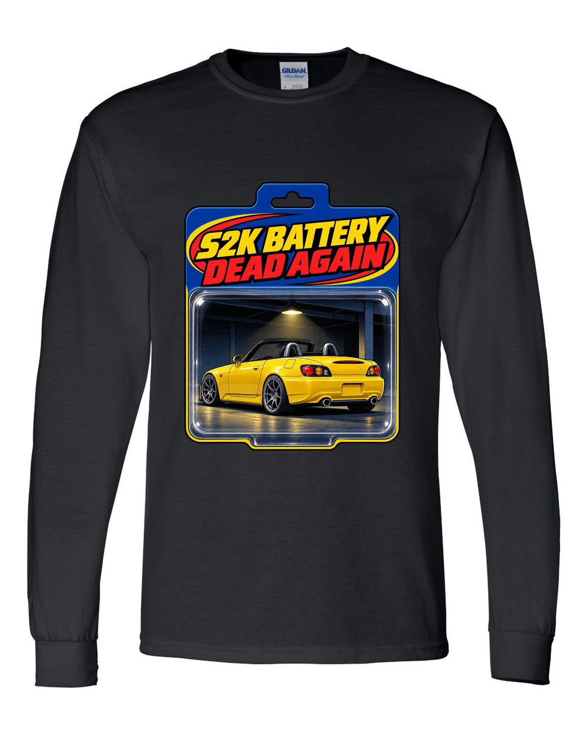 Toy blister card print of a 2004 Honda S2000 AP2 roadster with S2K battery dead again text black long sleeve front view with the design