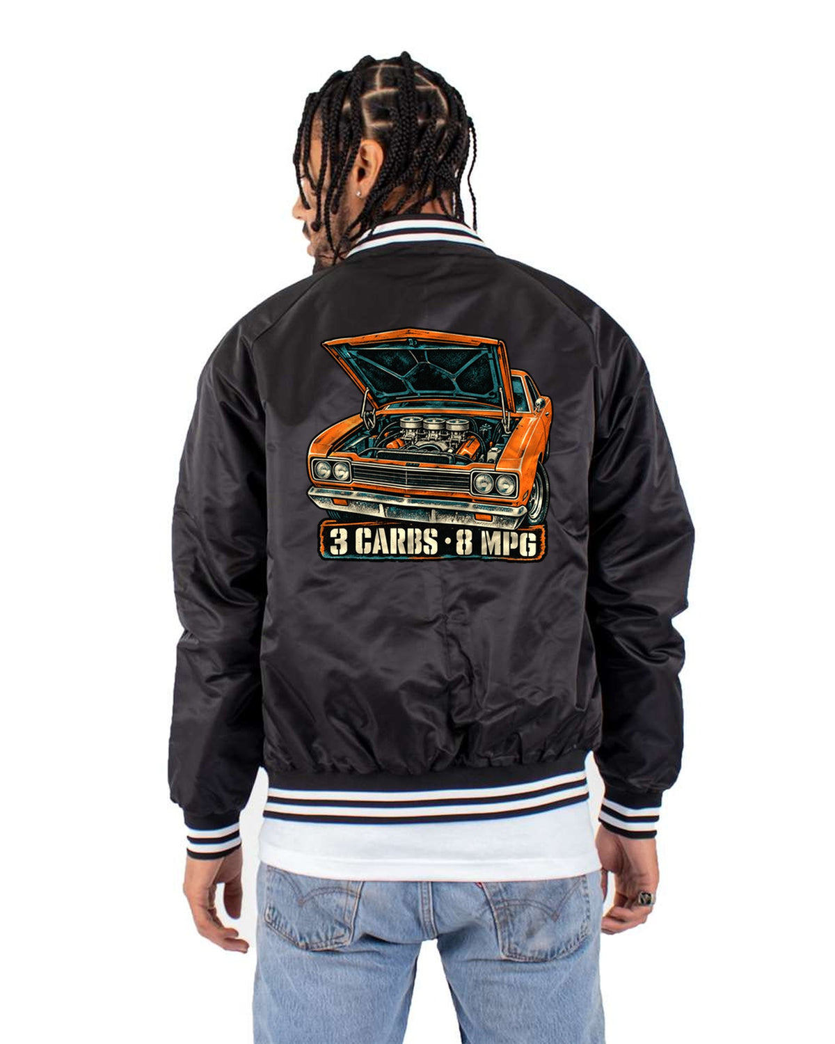 Road Runner Six Pack Grunge Screenprint Shirt, 3 Carbs 8 MPG Bomber Jacket Black back