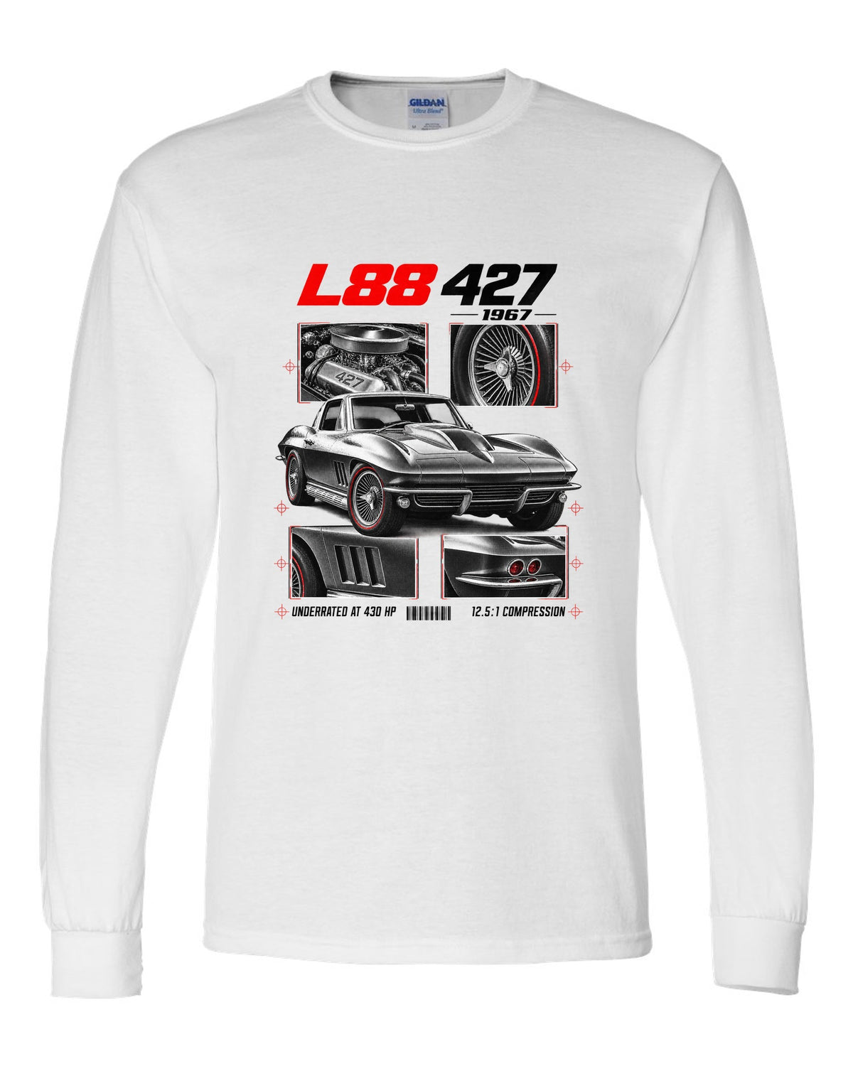 Chevrolet Corvette C2 Sting Ray 1967 L88 427 dossier print white long sleeve front view with the design