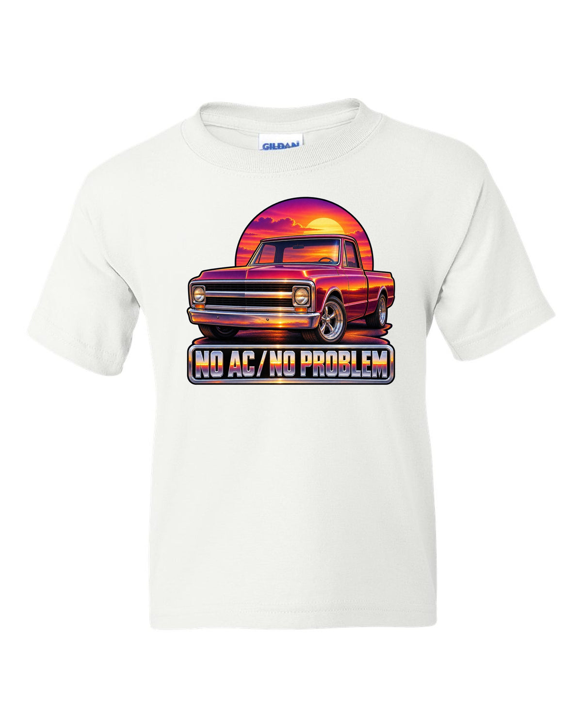 70s airbrush sunset grille print of a 1967-72 Chevrolet C10 Action Line Fleetside with no AC text white kids tee front view with the design