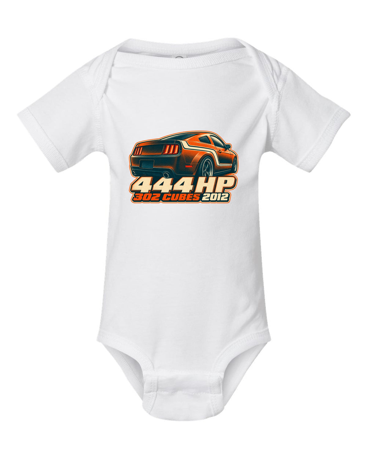 Risograph halftone stripe macro of a 2005-2014 S197 Ford Mustang with 444 HP text white baby onesie front view with the design