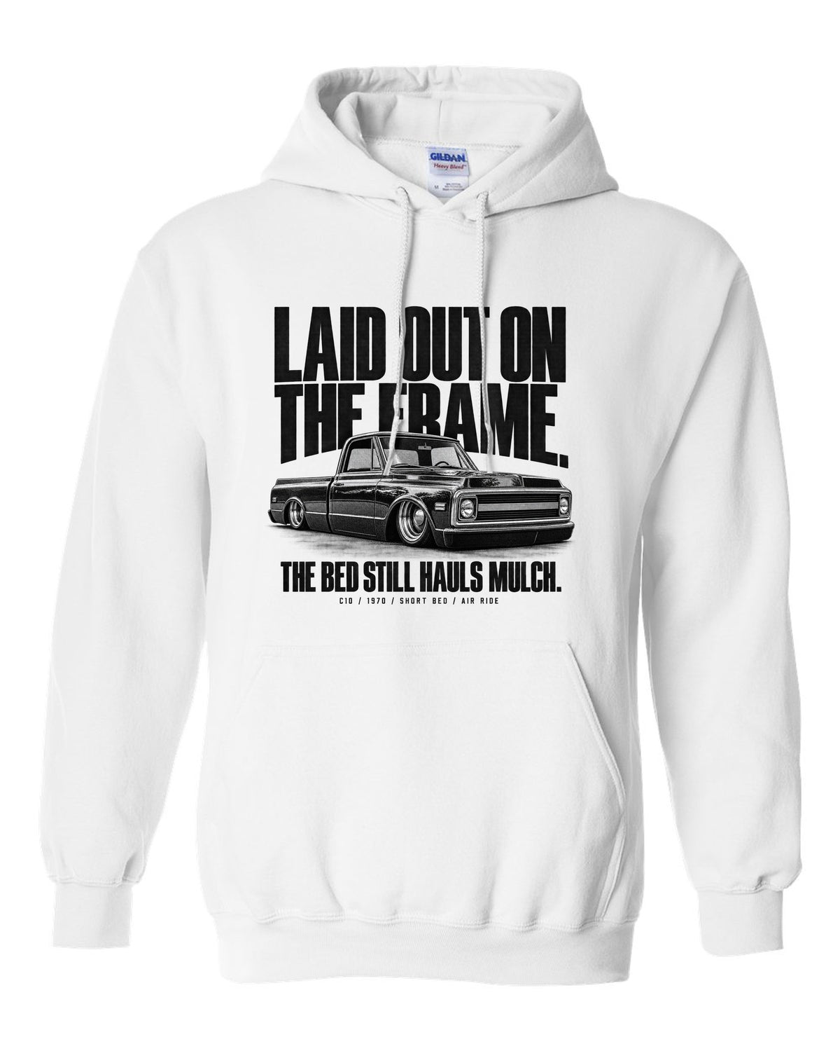 Halftone print of a 1970 Chevrolet C10 short bed on air ride with laid out on the frame text white pull over hoodie front view with the design