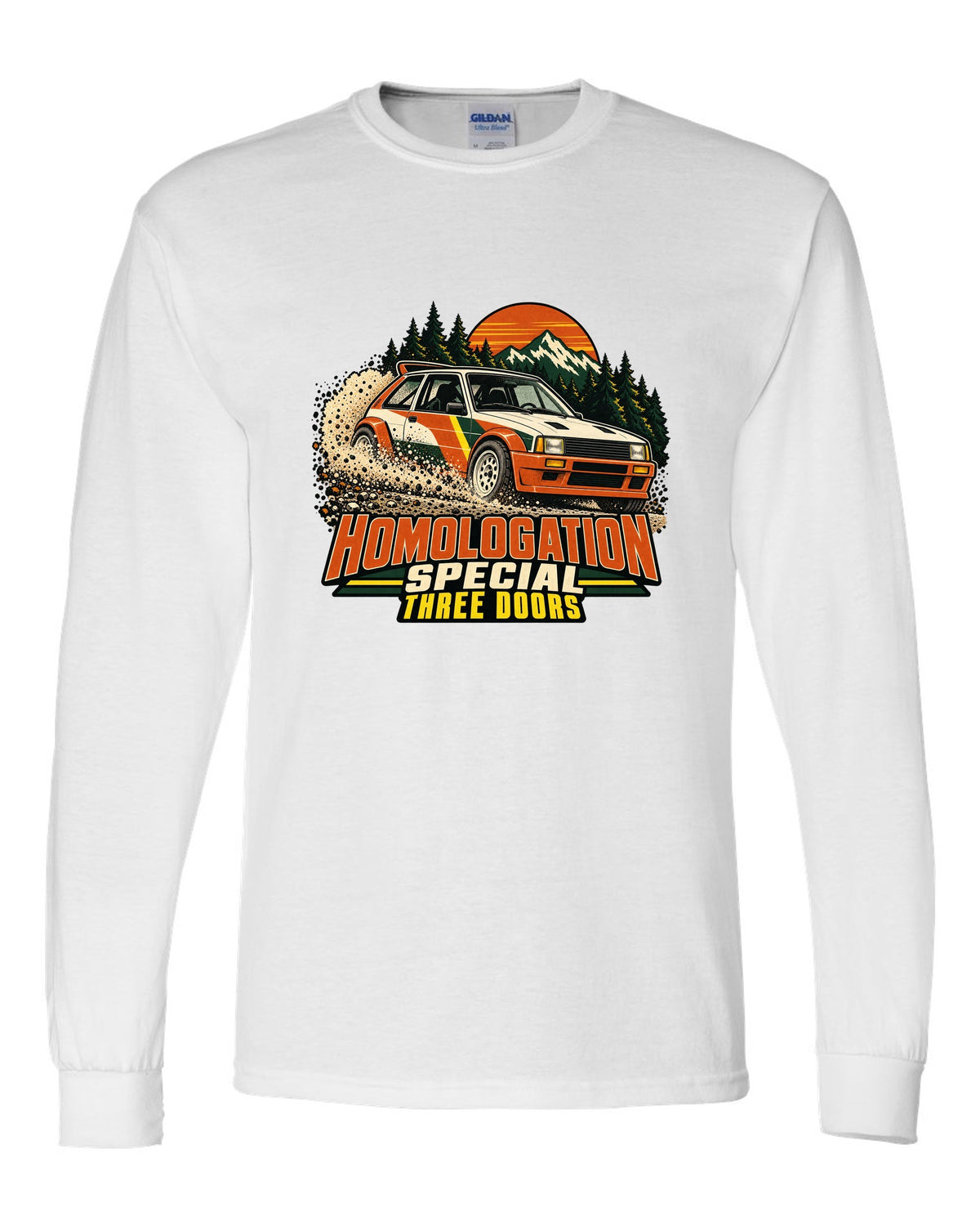 Vintage rally poster of a Toyota GR Yaris sliding on gravel with homologation text white long sleeve front view with the design