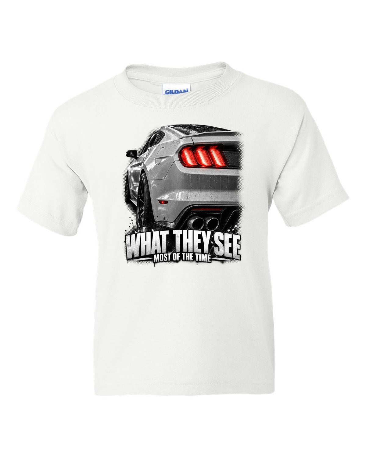 Macro print of a 2015-17 Ford Mustang S550 GT taillight white kids tee front view with the design