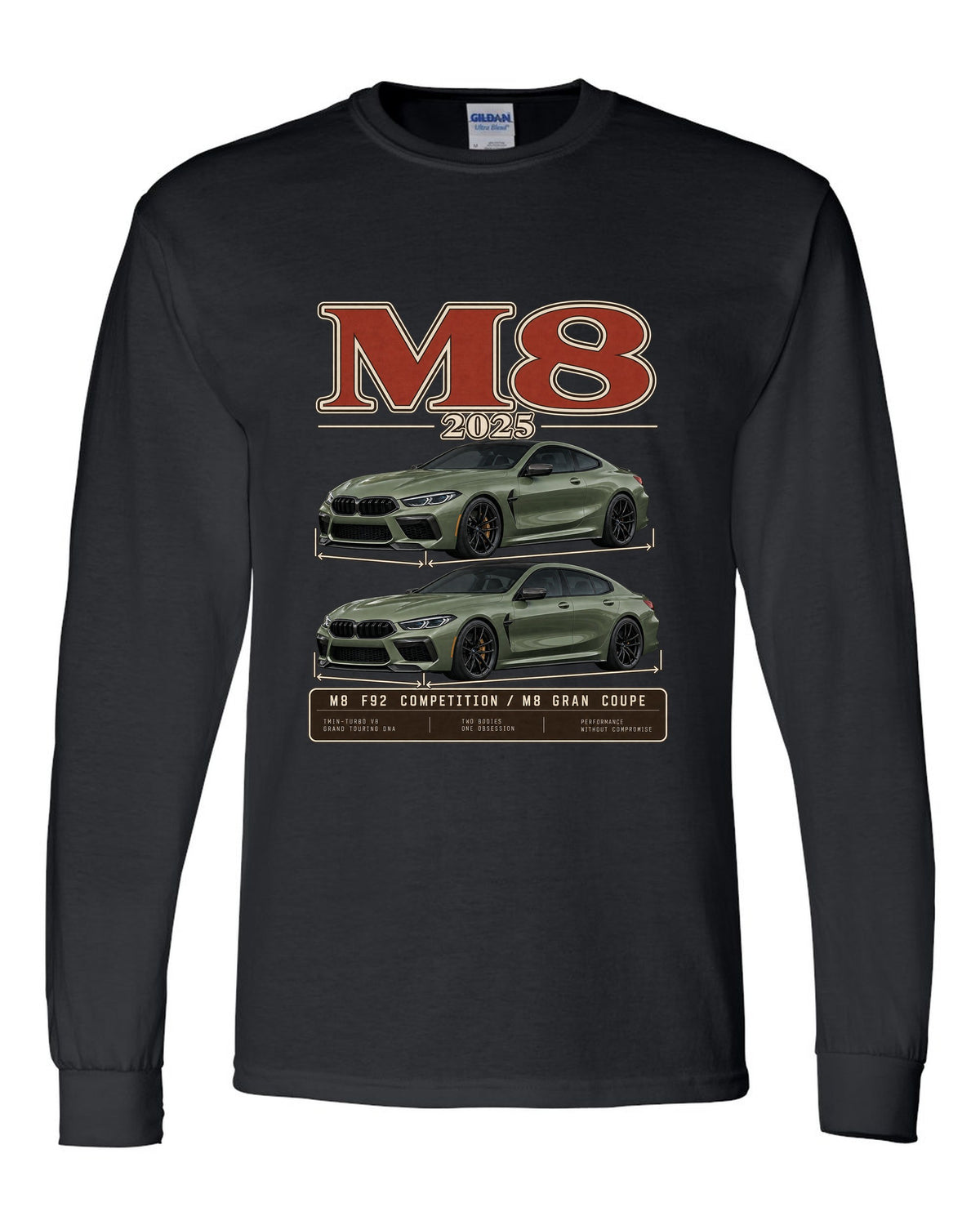 BMW M5 Touring 2025 archive panel print on a tee black long sleeve front view with the design