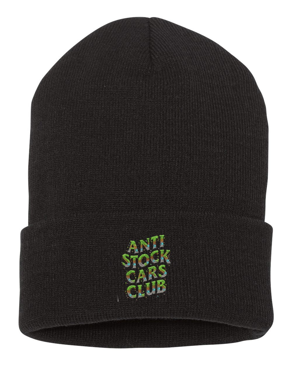 Anti Stock Cars Club Blocky Voxel Shirt, Hoodie & More black beanie front view with car name