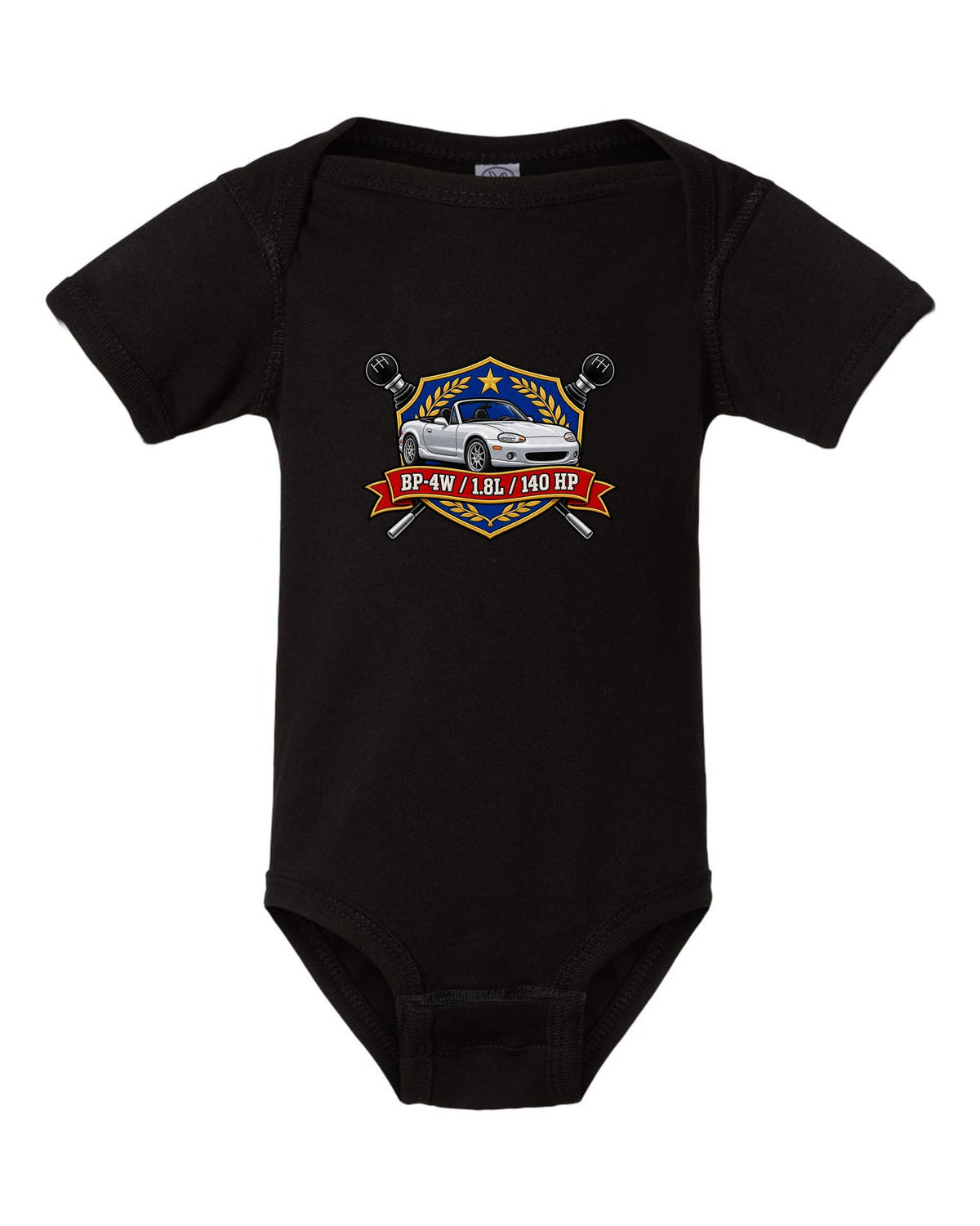 Embroidery-style shield crest of a Mazda MX-5 NB with BP-4W 1.8L 140 HP text black baby onesie front view with the design