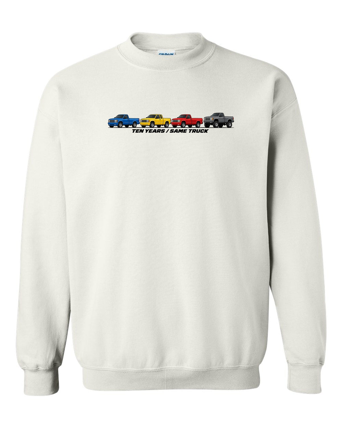 Generation lineup print of 1988-98 Chevrolet GMT400 C1500 K1500 OBS trucks with ten years same truck lettering white crewneck front view with the design