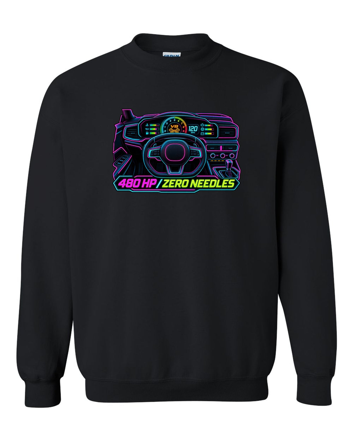 Neon gauge-cluster HUD print of a Ford Mustang S650 GT 2024 with 480 HP text black crewneck front view with the design