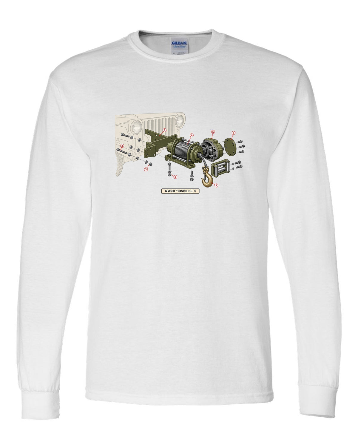 Exploded diagram print of a Dodge Power Wagon WM300 front winch labelled Fig. 3 white long sleeve front view with the design