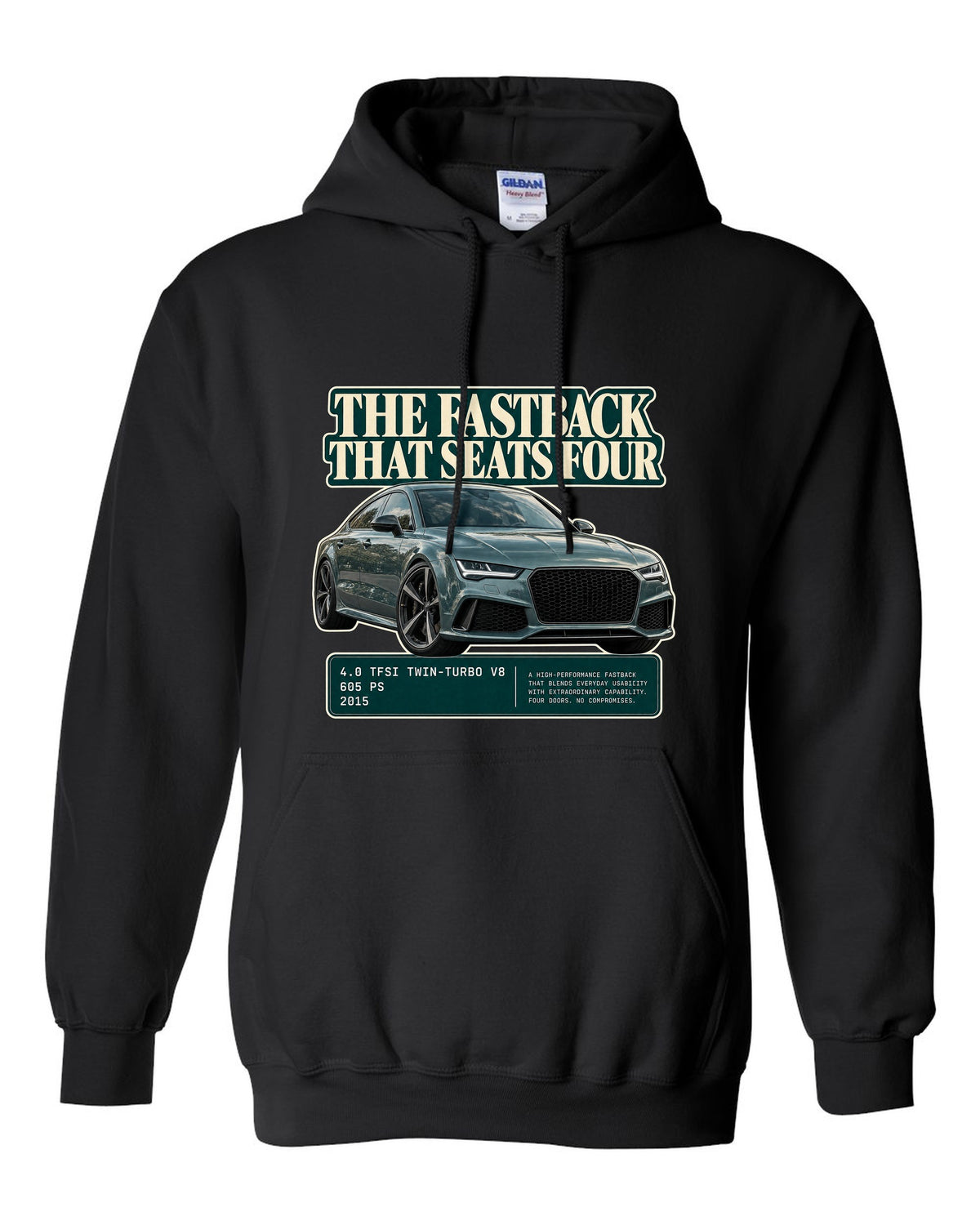 Audi RS7 Sportback C7 editorial headline print on a tee black pull over hoodie front view with the design