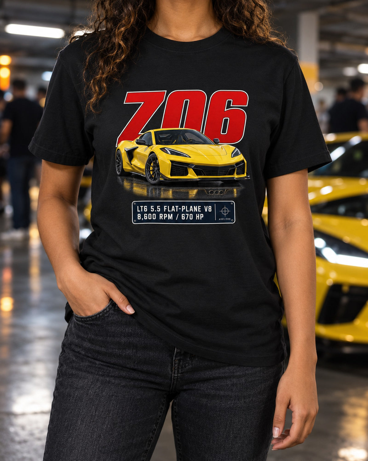 Chevrolet Corvette C8 Z06 Editorial Headline Tee, LT6 V8 T-Shirt Black worn hero