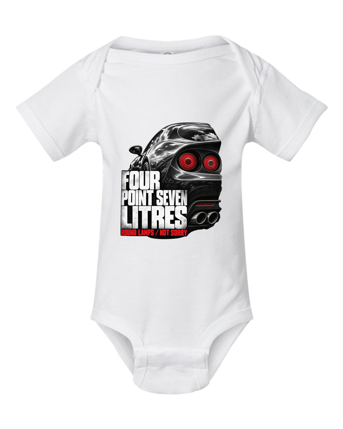 Tail lamp macro print of an Alfa Romeo 8C Competizione with four point seven litres text white baby onesie front view with the design