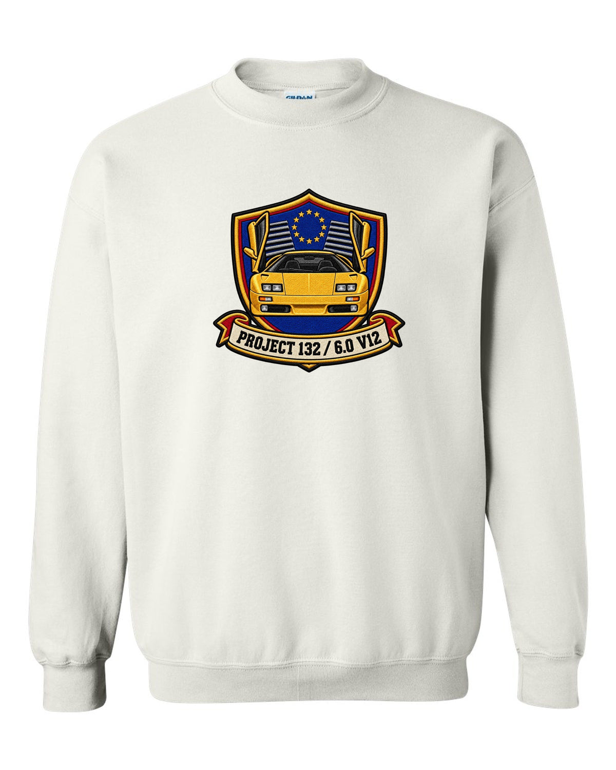 Varsity embroidery crest for a 2000 Lamborghini Diablo VT 6.0 reading Project 132 and 6.0 V12 white crewneck front view with the design