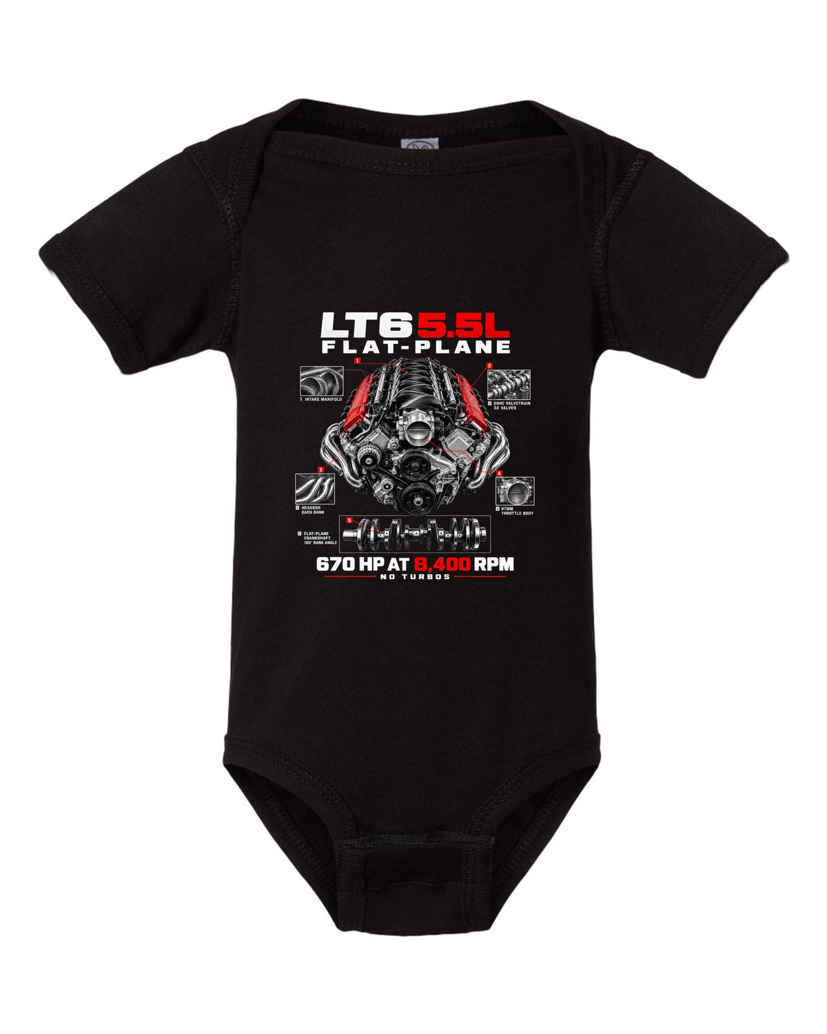 Corvette C8 Z06 LT6 5.5L flat-plane engine with central exhaust tips black baby onesie front view with the design