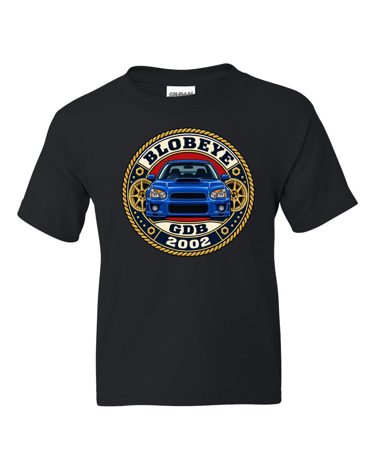 Subaru Impreza WRX GDB Blobeye round varsity crest print, BLOBEYE / GDB / 2002 black kids tee front view with the design