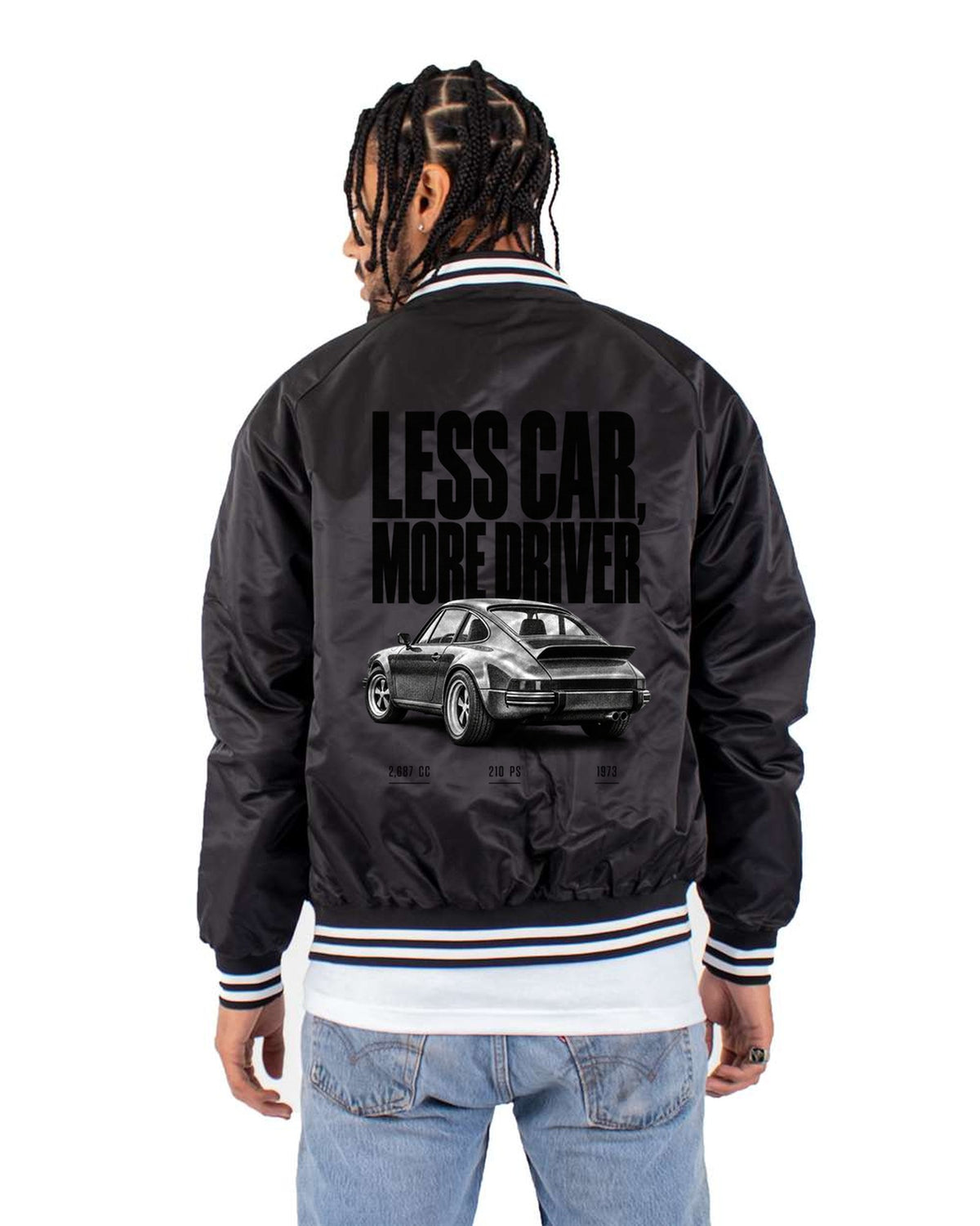 Porsche 911 Carrera RS 2.7 Less Car More Driver Halftone Tee Bomber Jacket Black back