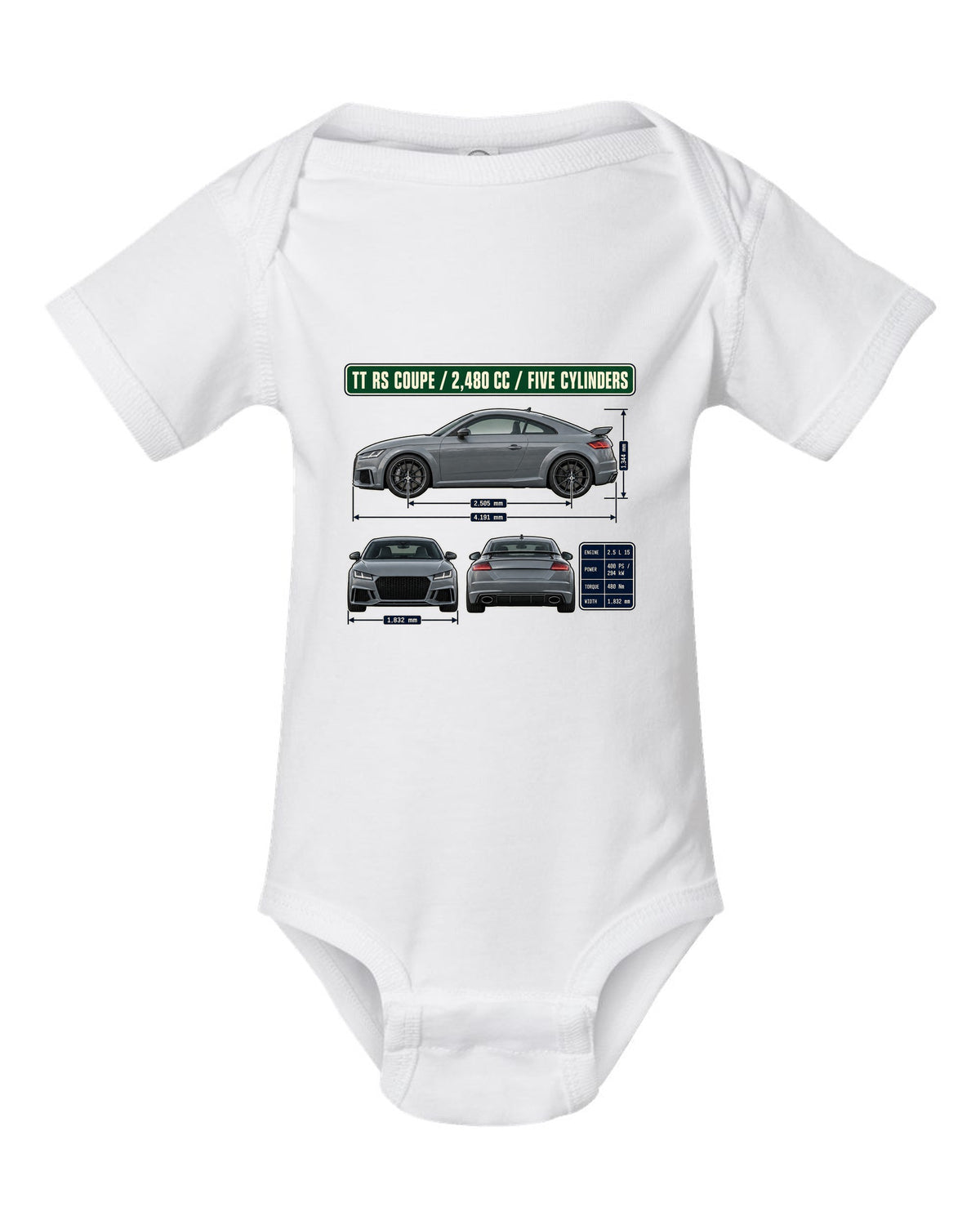 Audi TT RS 8S coupe dimension blueprint print with five-cylinder engine size white baby onesie front view with the design