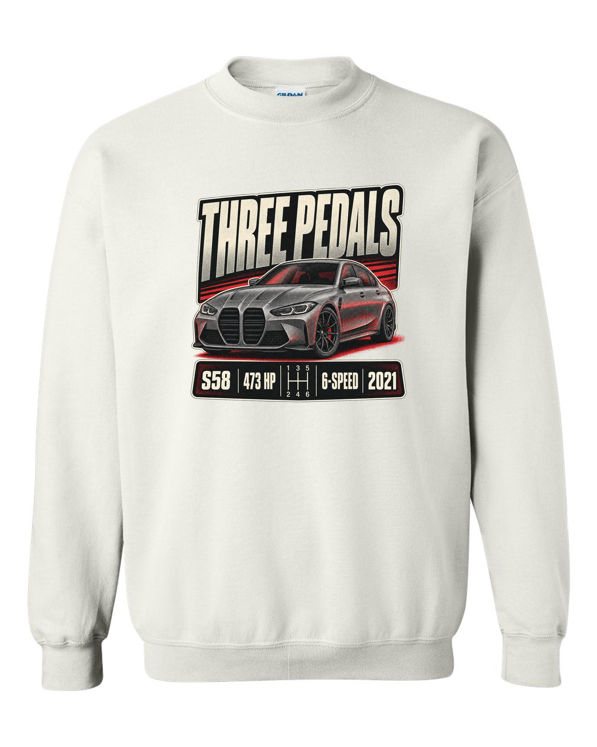 BMW M3 G80 six-speed manual halftone print with three pedals text white crewneck front view with the design
