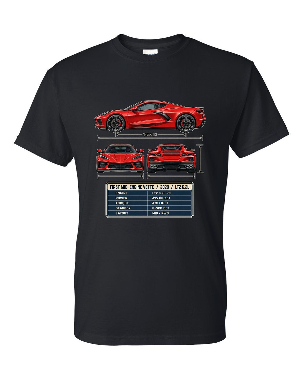Three-view spec table print of a Chevrolet Corvette C8 Stingray with LT2 6.2L text black t-shirt front view with the design