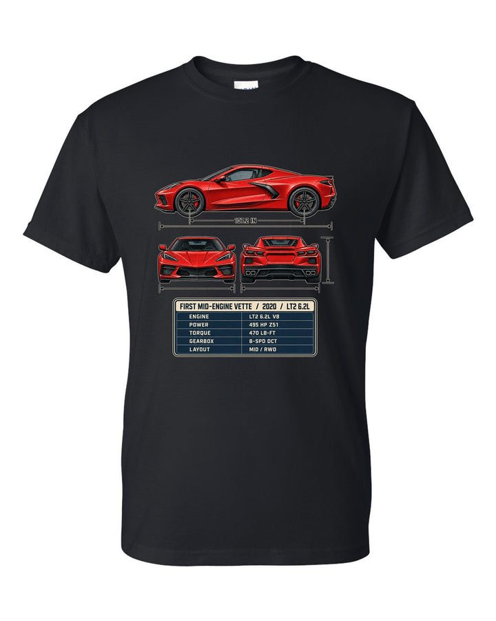 Three-view spec table print of a Chevrolet Corvette C8 Stingray with LT2 6.2L text black t-shirt front view with the design