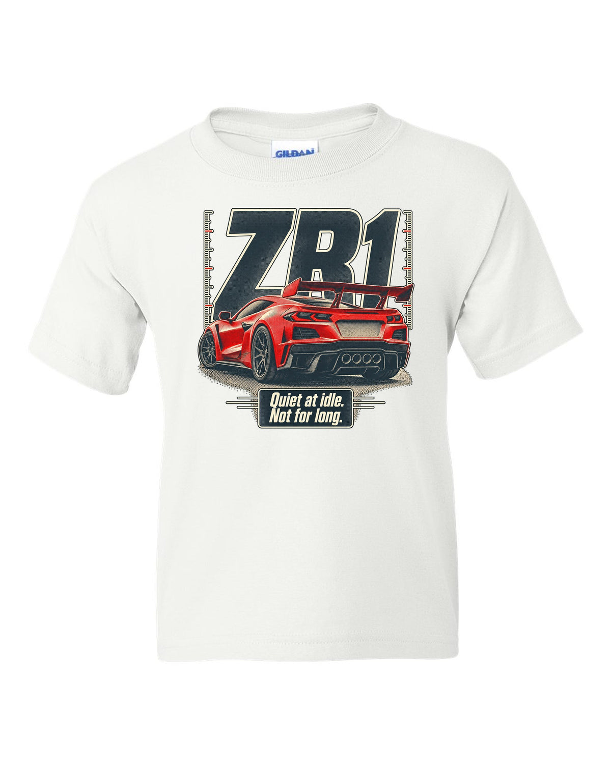 Halftone print of a Chevrolet Corvette C8 ZR1 with a quiet at idle statement white kids tee front view with the design
