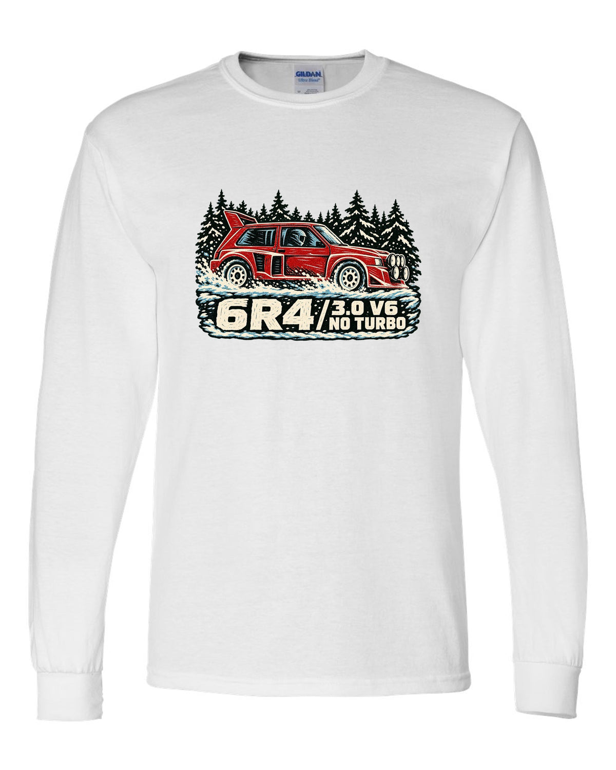 Linocut style print of an MG Metro 6R4 with 3.0 V6 and no turbo lettering white long sleeve front view with the design