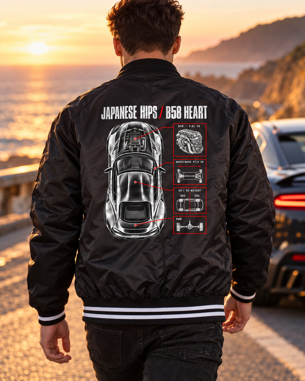 Toyota GR Supra A90 Spec Poster Shirt, B58 Heart Bomber Jacket Black worn hero