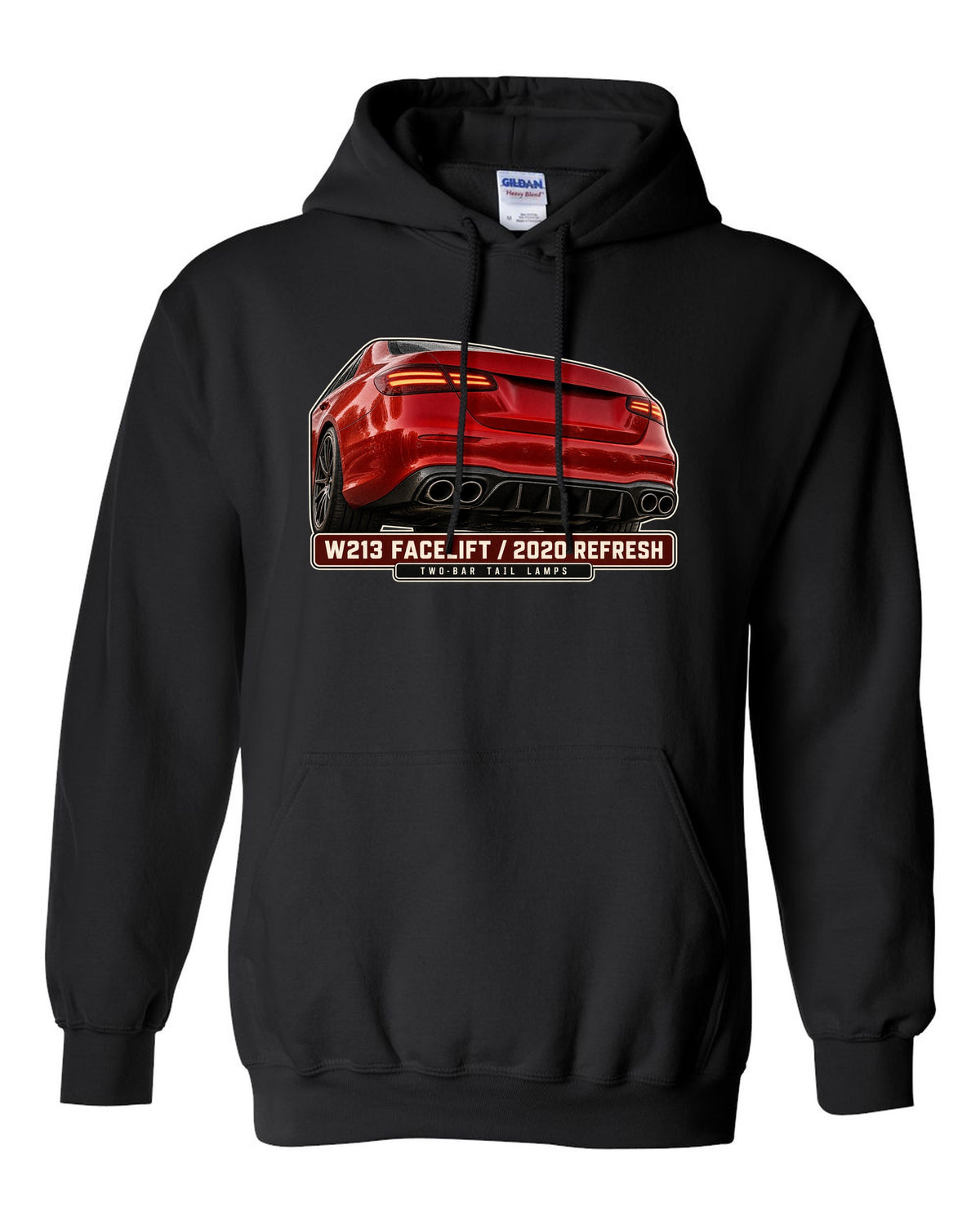 Tail lamp macro print of a red-orange Mercedes-AMG E63 S W213 facelift black pull over hoodie front view with the design