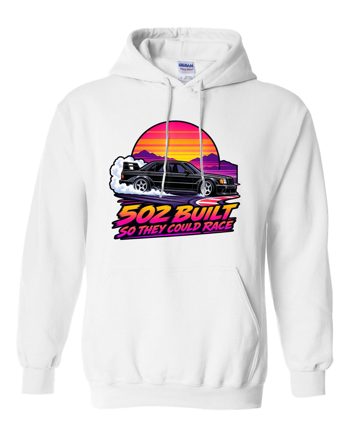 Flat vector eighties sunset gradient print of a Mercedes-Benz 190E Evo II W201 sliding through a chicane white pull over hoodie front view with the design