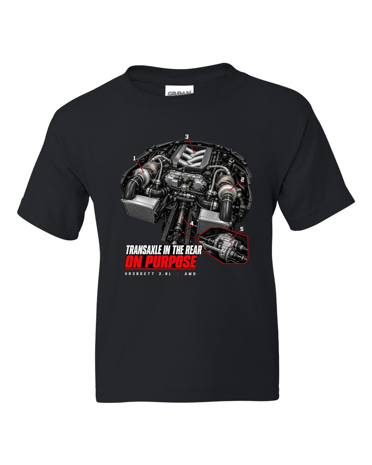 Engine hero diagram of a Nissan GT-R R35 with callout lines pointing to the rear transaxle black kids tee front view with the design