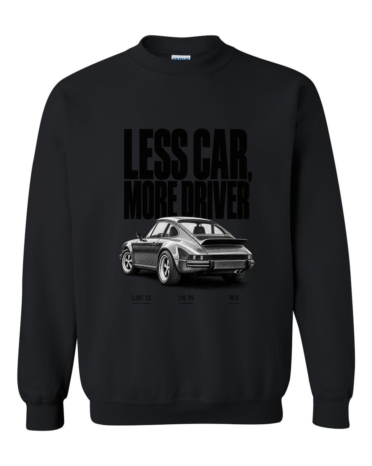 Halftone print of the 1973 Porsche 911 Carrera RS 2.7 with the line Less Car More Driver black crewneck front view with the design