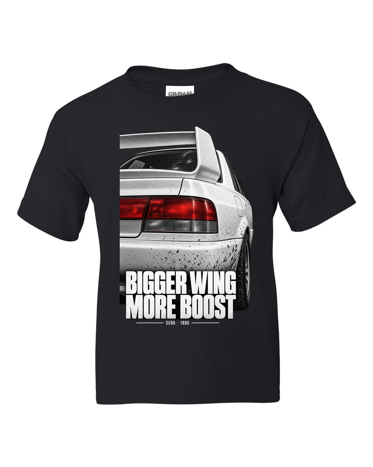 Tail and wing macro print for the Mitsubishi Lancer Evolution III CE9A reading Bigger Wing, More Boost black kids tee front view with the design