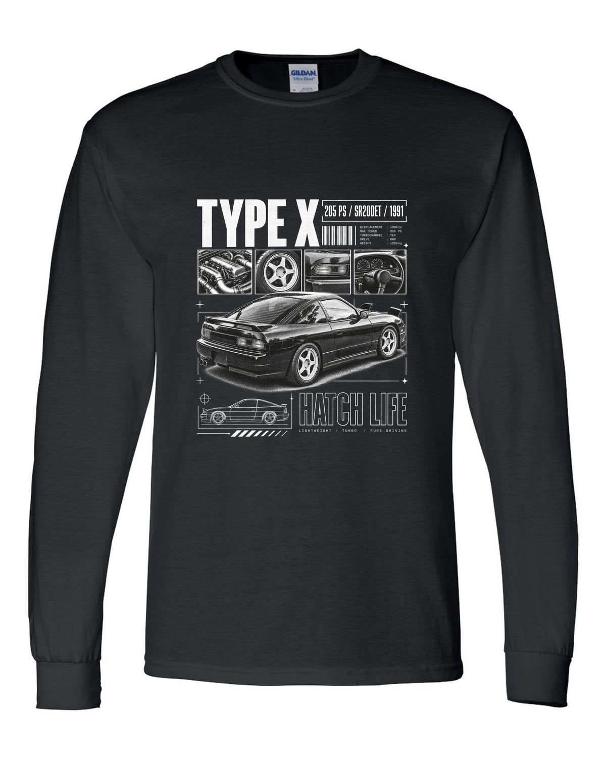 Dossier panels of a Nissan 180SX Type X with 205 PS, SR20DET and 1991 lettering black long sleeve front view with the design