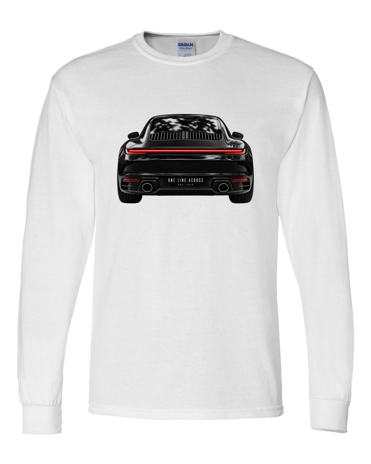 Taillight macro print of a 2019 Porsche 911 Carrera 992 rear light white long sleeve front view with the design