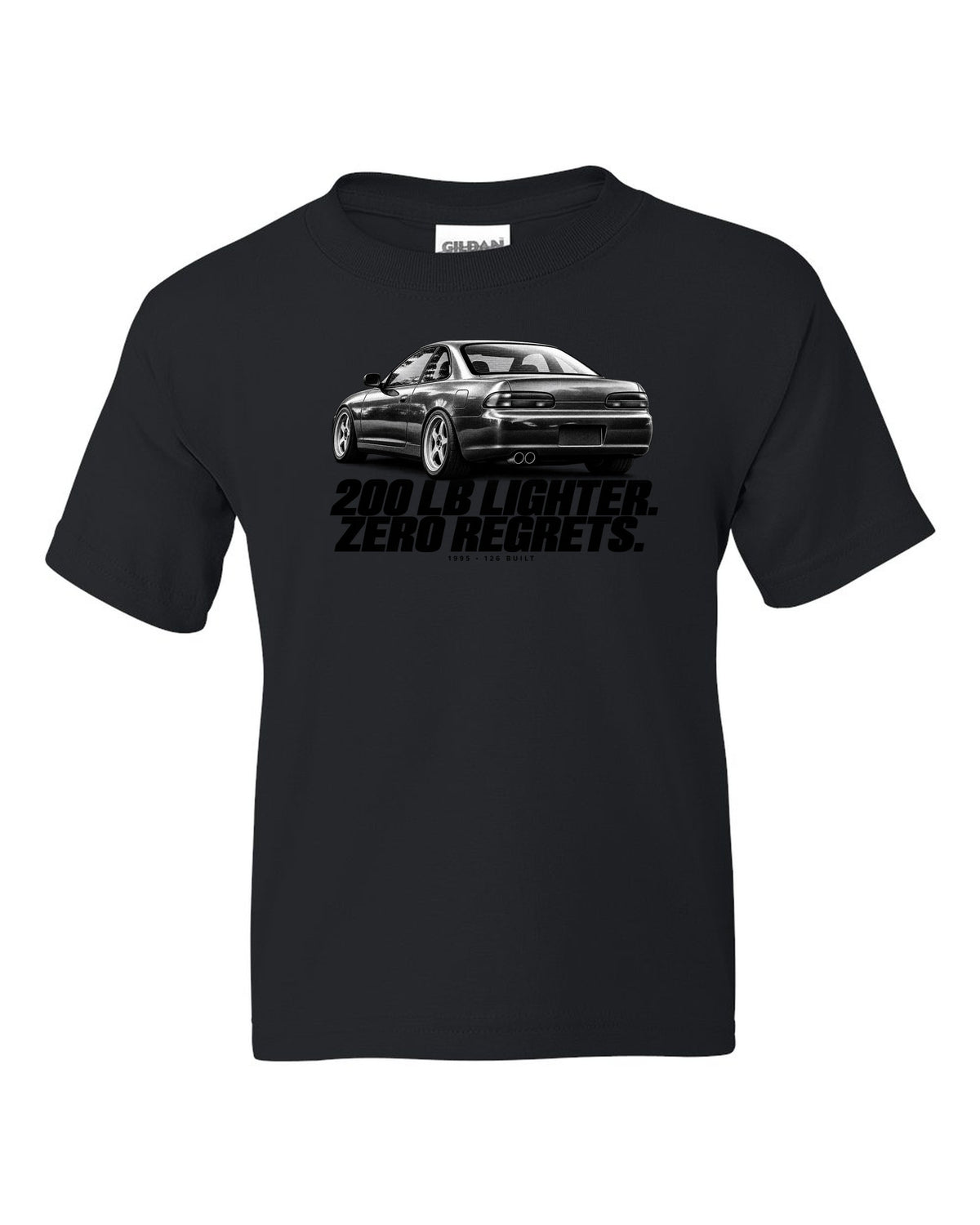 BMW E36 M3 Lightweight 1995 halftone print with 200 lb lighter and 126 built text black kids tee front view with the design